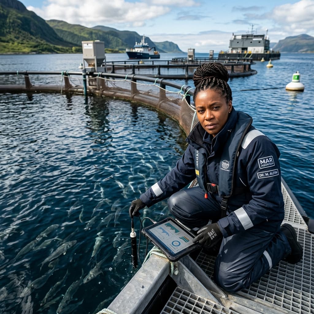 Marine biologist inspecting aquaculture